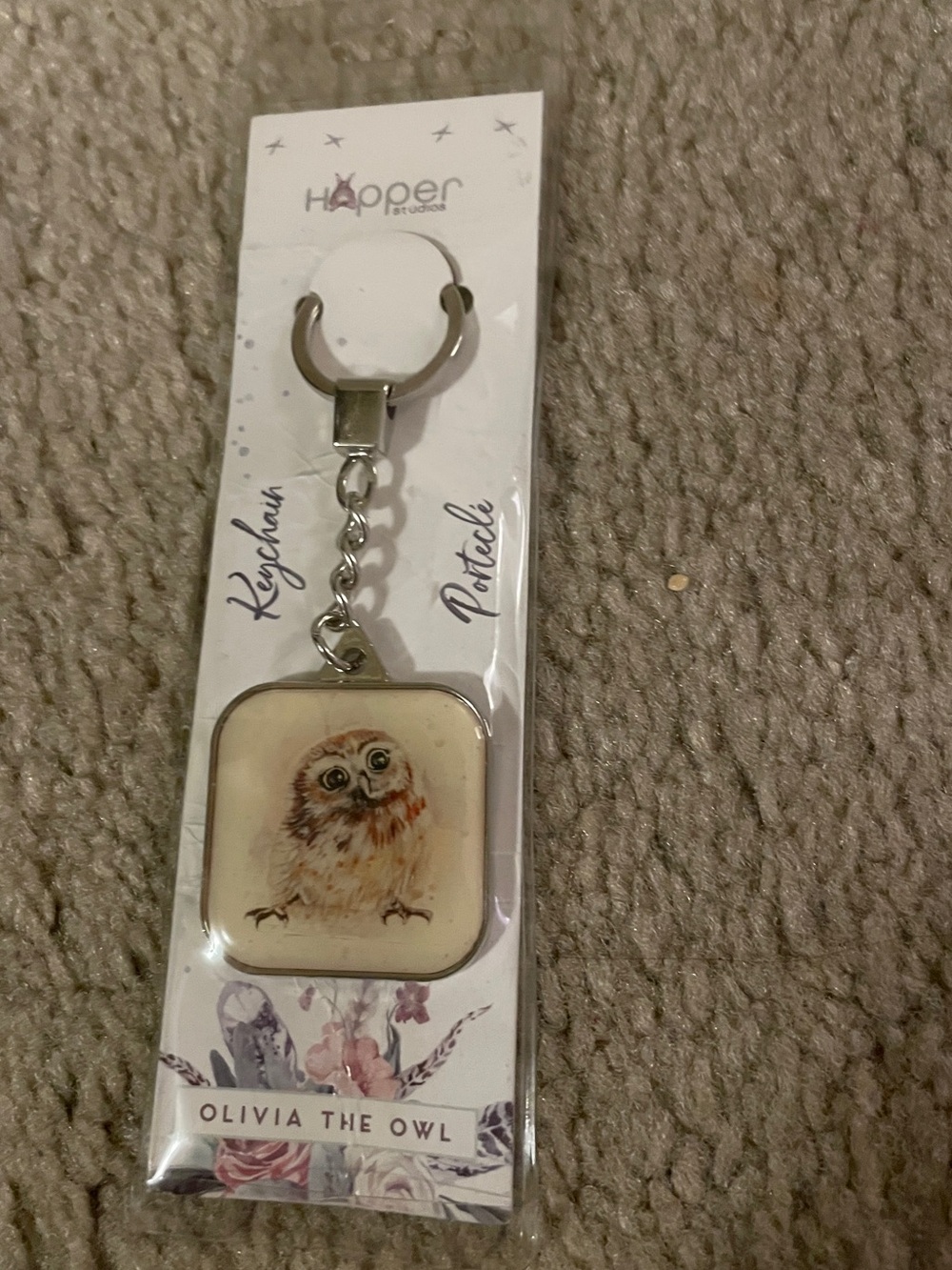 Olivia the Owl Keychain - Ivory & Brown Square Pendant